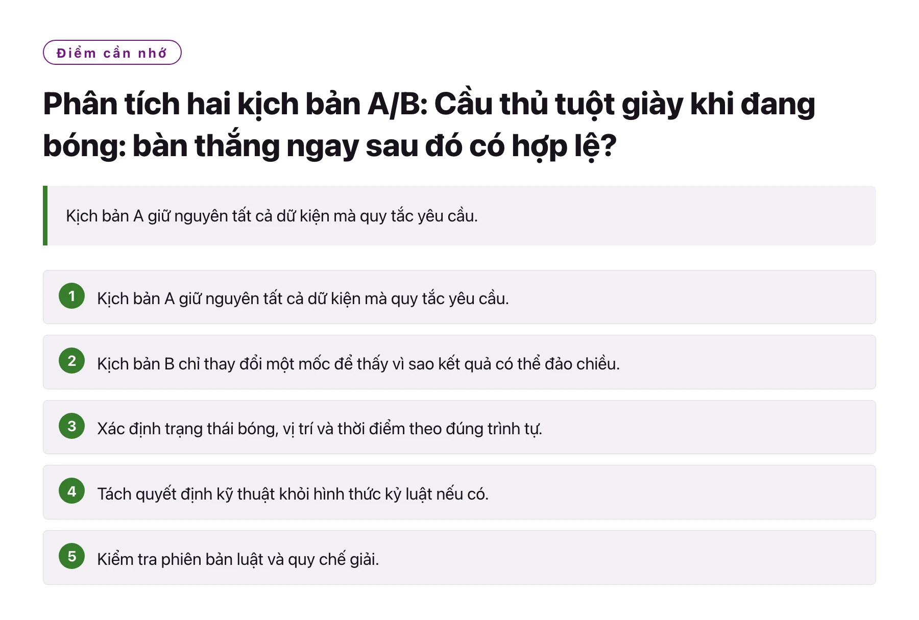 Phân tích hai kịch bản A/B: Cầu thủ tuột giày khi đang bóng: bàn thắng ngay sau đó có hợp lệ?——全文要点速览